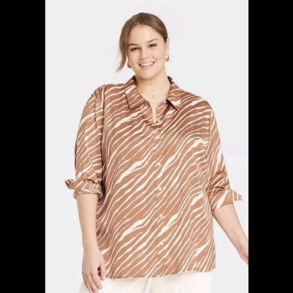 Satin Oversized Long Sleeved Brown Zebra Striped Print Shirt A New Day XXL - Picture 1 of 6